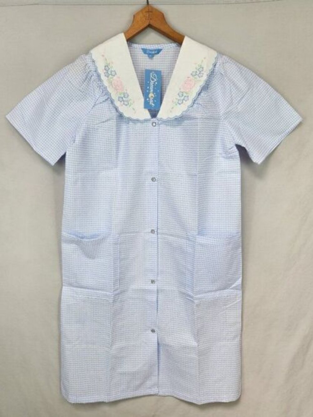 Dream Crest Women's Housecoat Seersucker Sz.S Embroidered Blue Gingham NWT